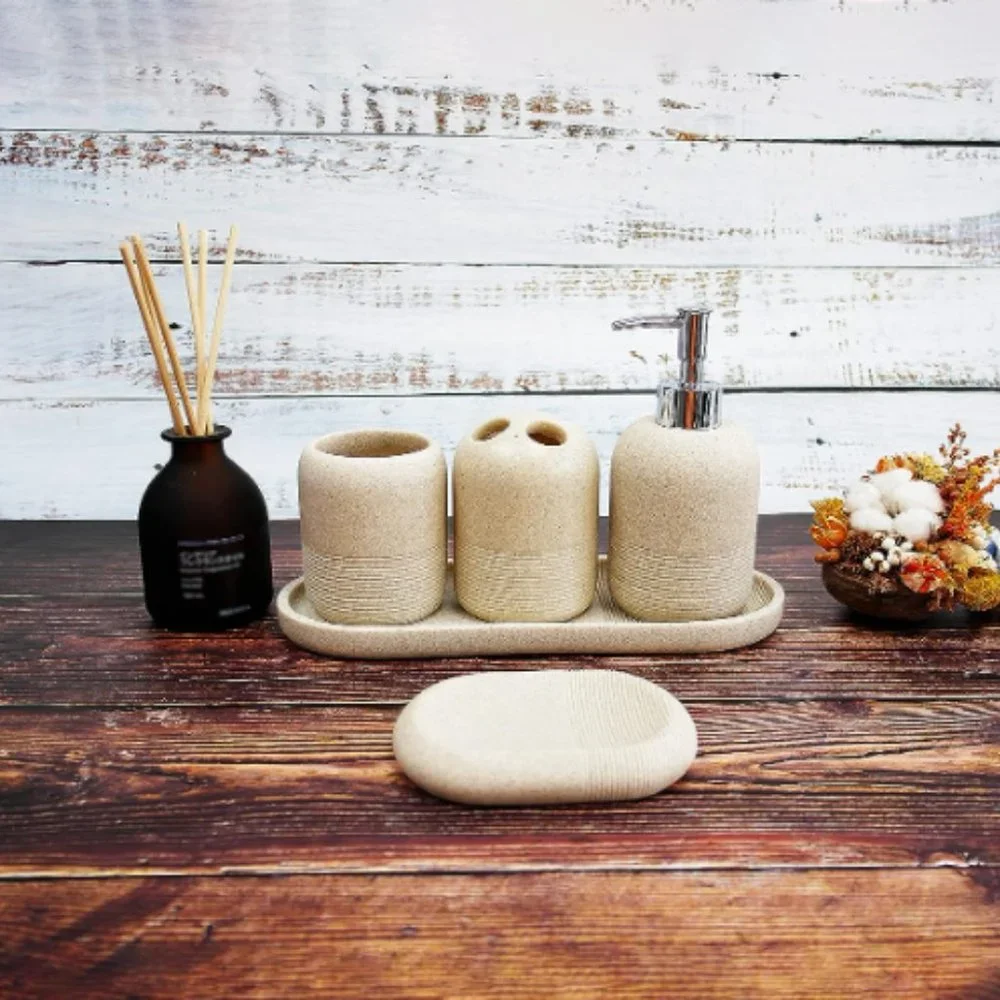 5 pc - Bathroom Accessory Set - Bathroom Decor  (Natural/Stone)